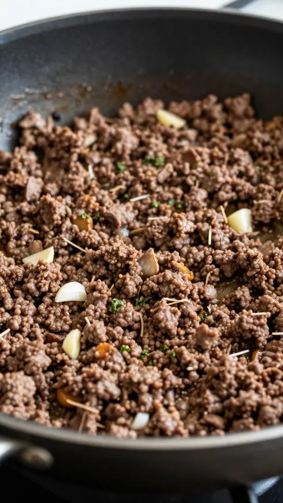 browned ground beef with garlic and Italian herbs in skillet
