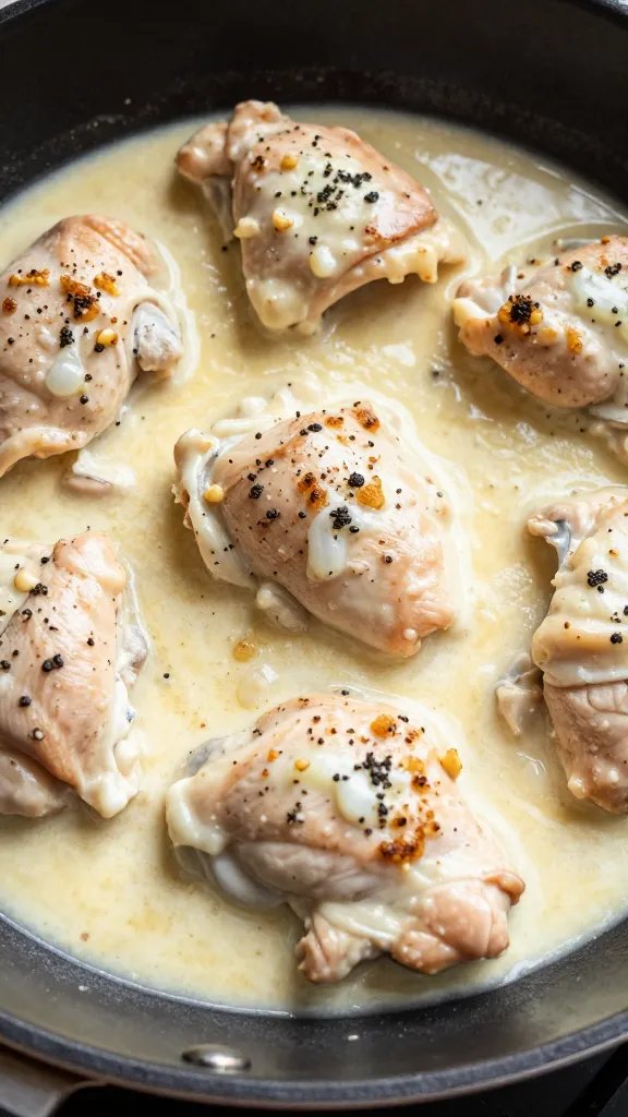 closeup skillet of creamy garlic parmesan chicken thighs