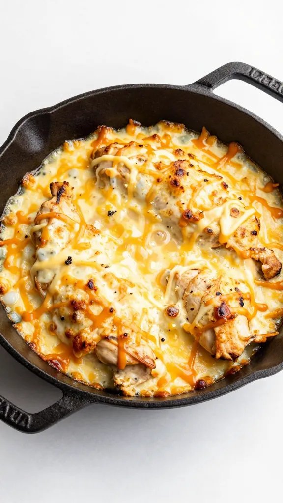 single cast-iron skillet keto chicken bake, bubbling cheese