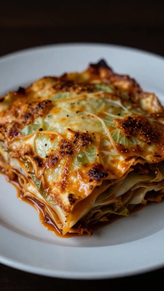 closeup slice of cabbage lasagna on white plate, moody lighting