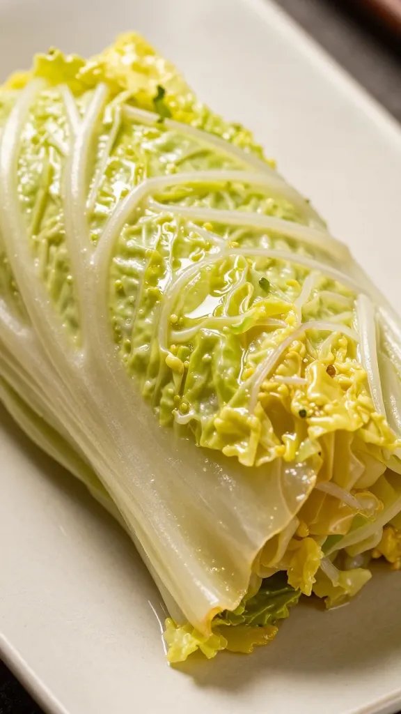 steamed cabbage leaf “noodle” on parchment, macro food shot