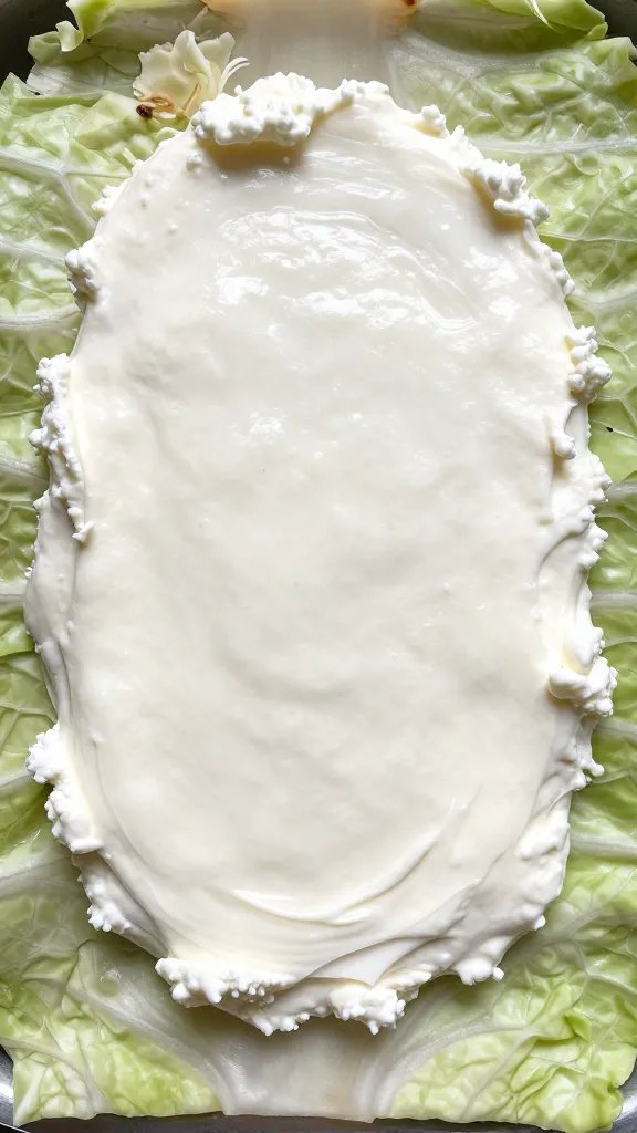 ricotta layer spread on cabbage sheet, overhead closeup, natural light