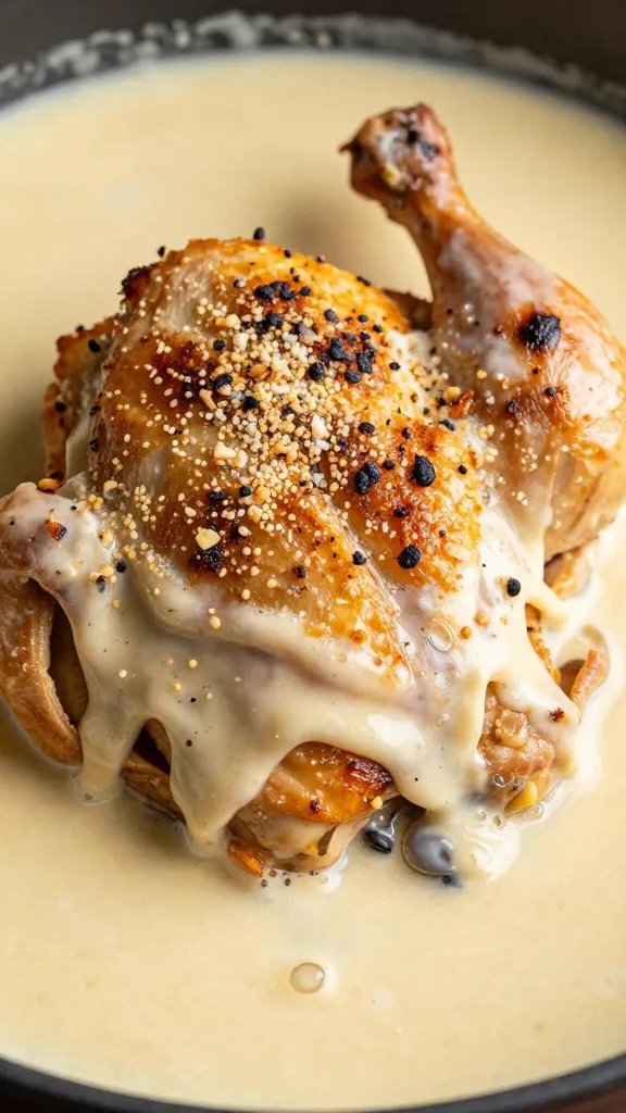 macro of bubbling alfredo sauce on roasted chicken, browned parmesan