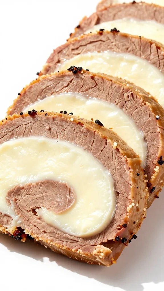 closeup keto Italian beef roll-up sliced, melty mozzarella