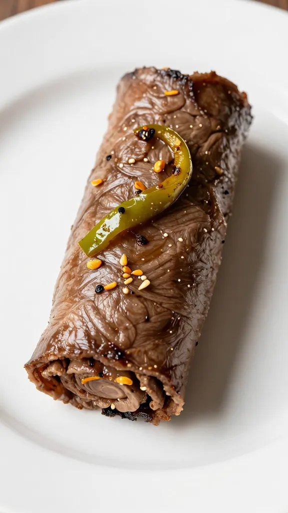 single keto beef roll-up on white plate, garlicky peppers