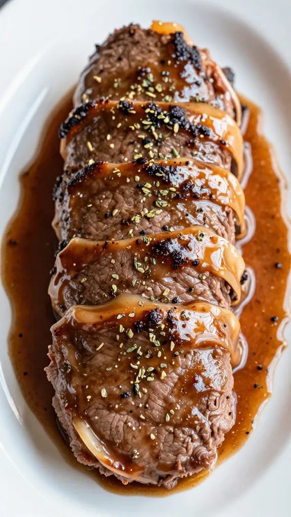 braciole-style beef cutlet rolled, oregano flecks, glossy sauce