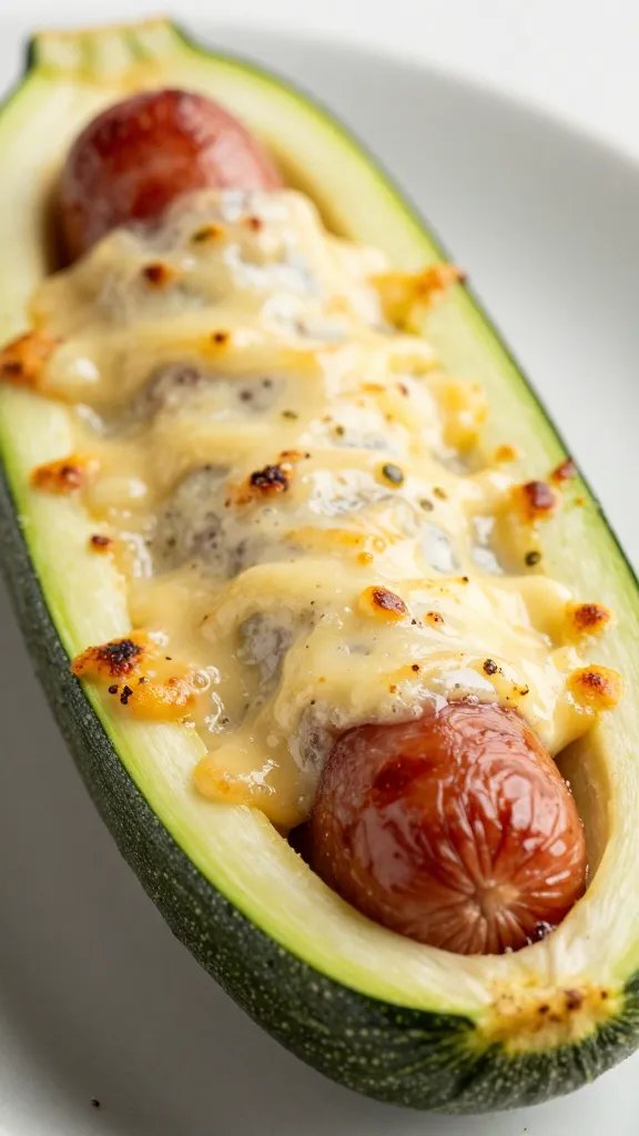 closeup of keto Italian sausage stuffed zucchini boat, bubbling cheese