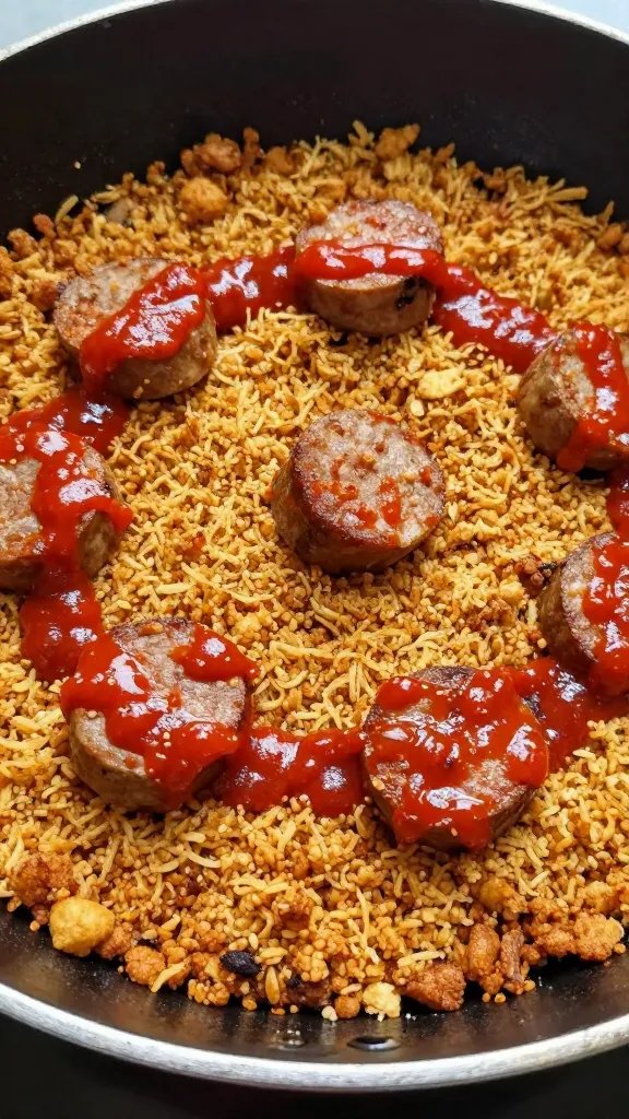 golden-brown Italian sausage crumble in skillet, glossy marinara glaze