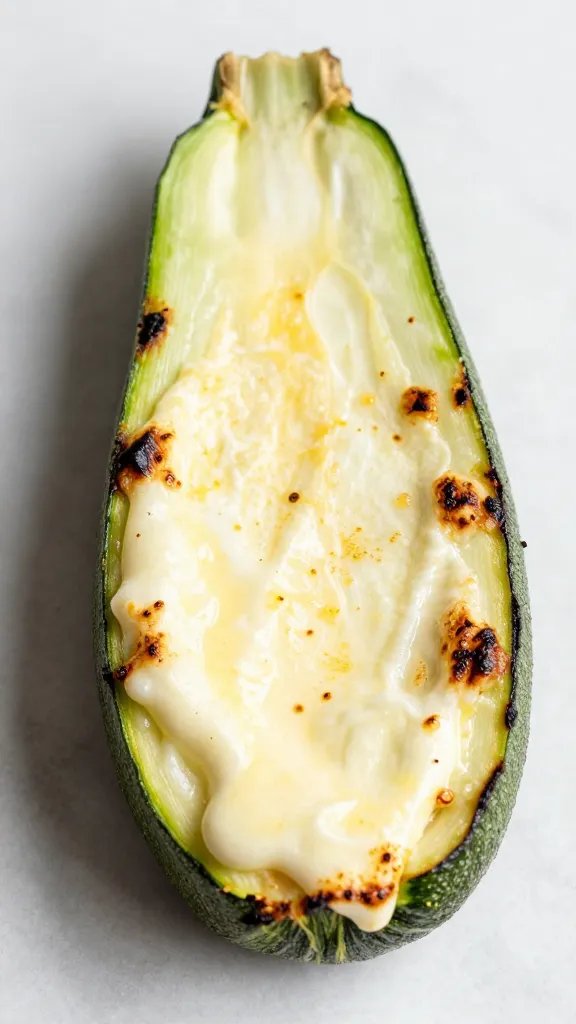 melted mozzarella blanket on single zucchini boat, broiler-charred edges