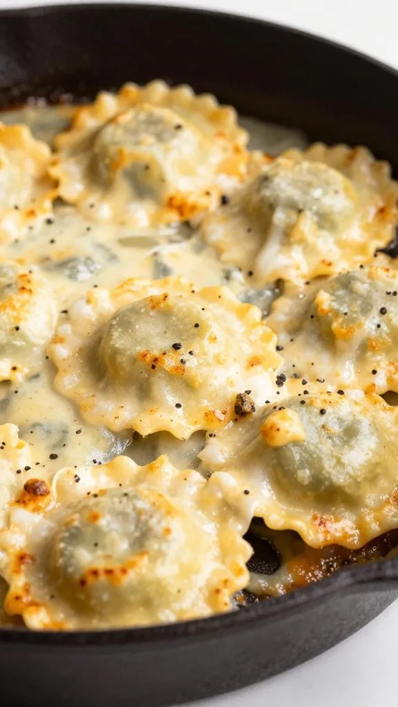 closeup of cheesy keto ravioli bake in cast-iron skillet