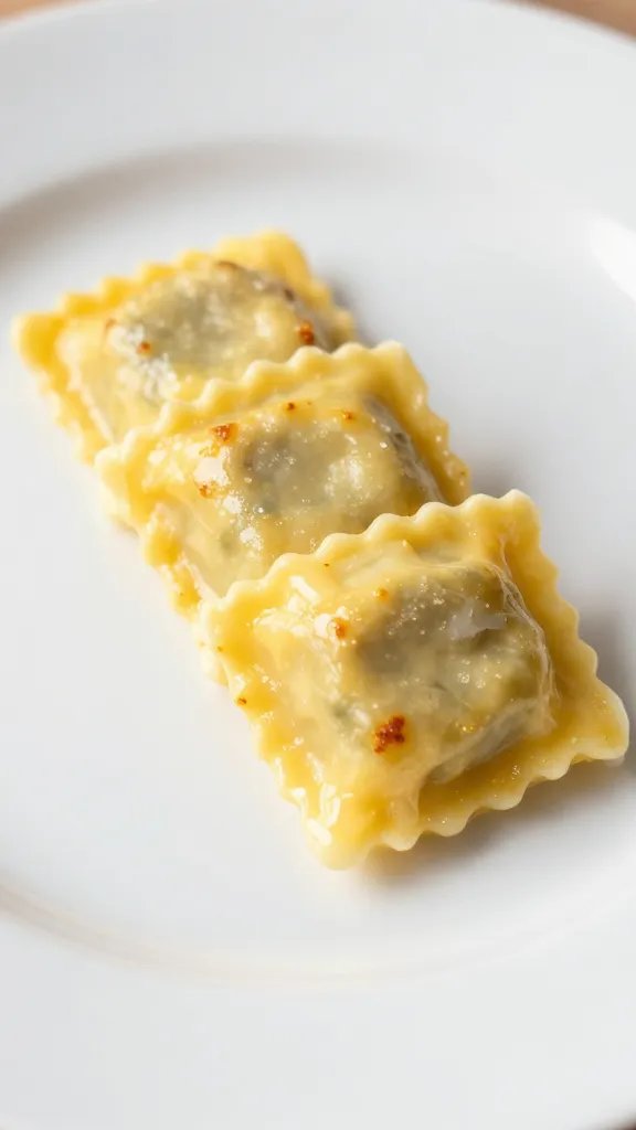 single portion of cheese-wrapped ravioli bake on white plate