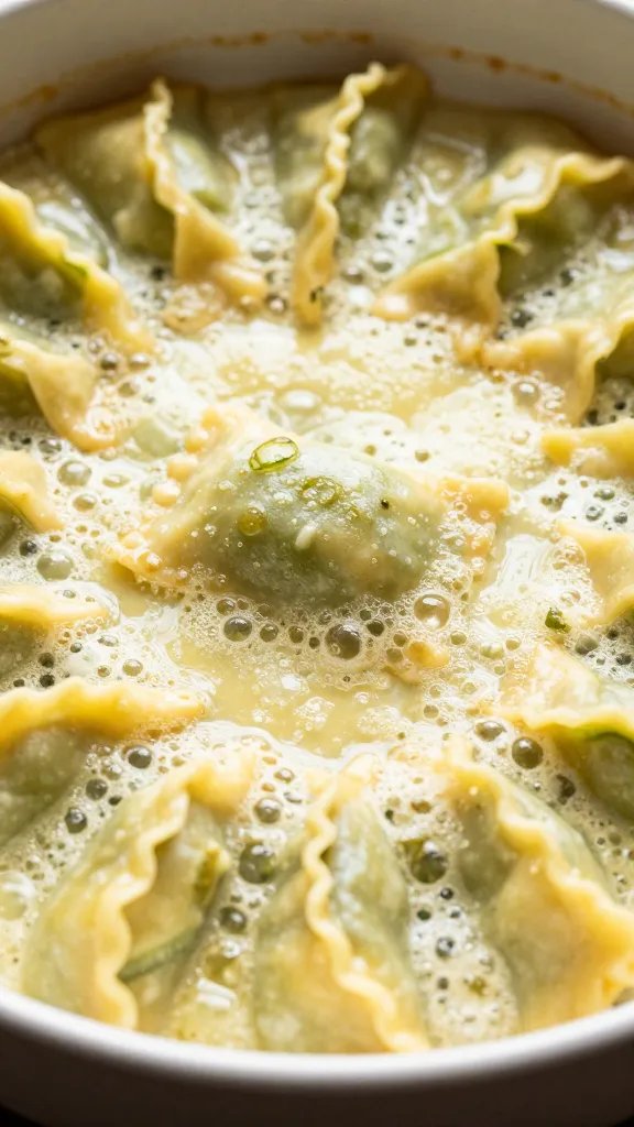closeup of zucchini “pasta” keto ravioli bake bubbling in dish