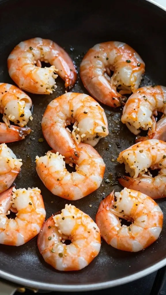 closeup skillet of keto garlic butter shrimp, Italian herbs