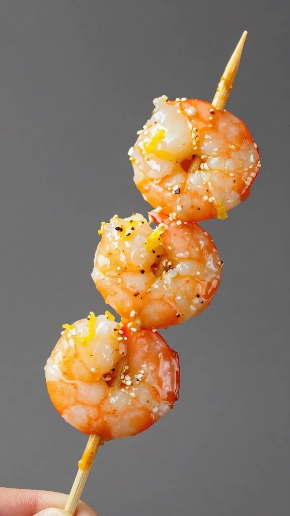 single shrimp skewer glazed in garlic butter, lemon zest