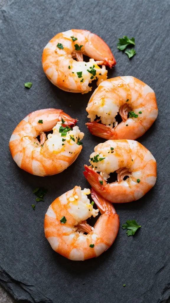 plated keto garlic butter shrimp with parsley on dark slate