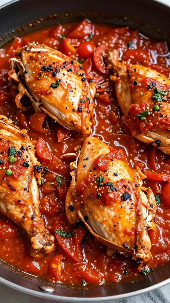 closeup skillet of Italian chicken in tomato-herb sauce