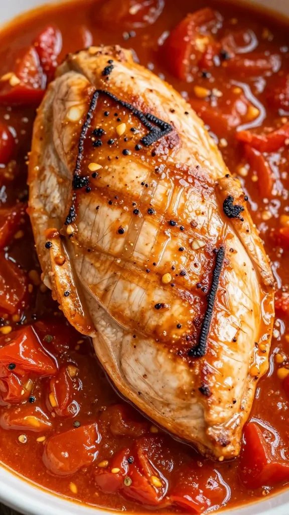 closeup of seared chicken breast with garlic-tomato pan sauce