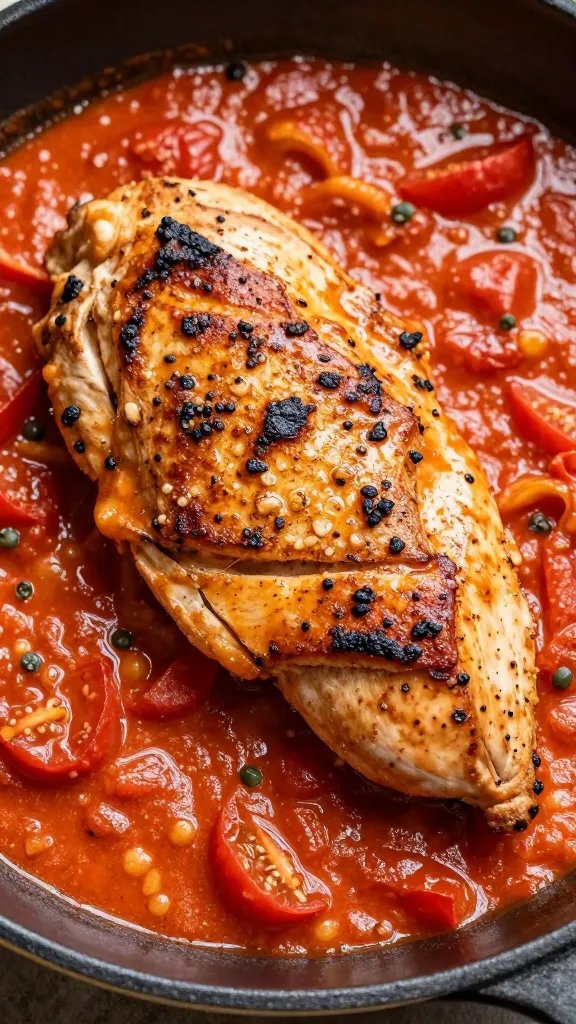 closeup skillet-seared chicken in Parmesan-tomato cream sauce
