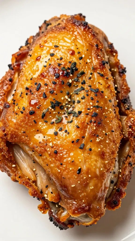 Closeup Tuscan herb-roasted chicken thigh, crispy skin