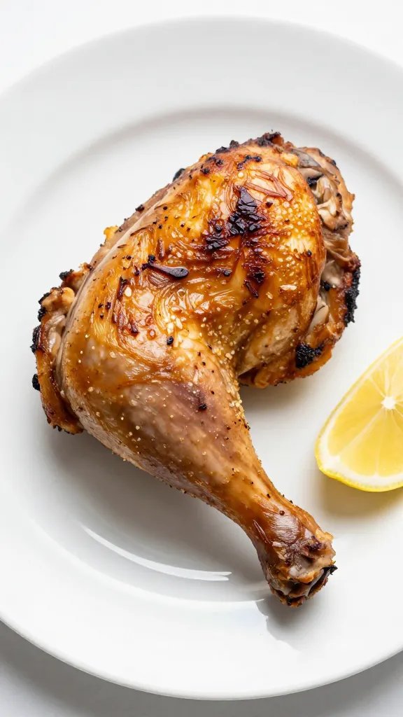 Single roasted chicken leg on white plate, lemon wedge