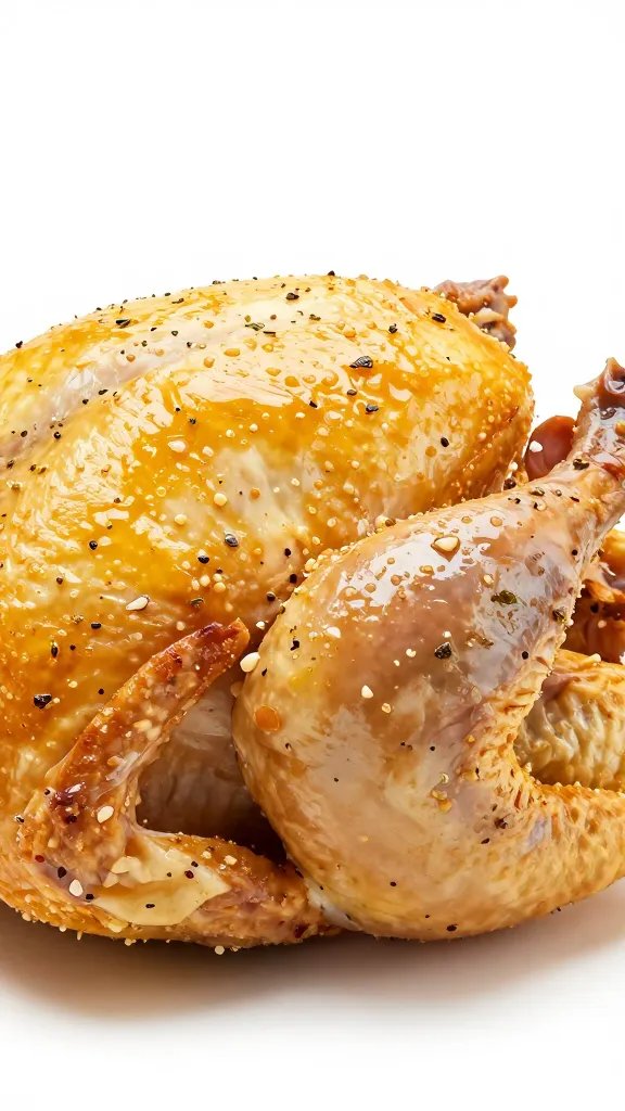 Whole roasted chicken, golden skin, Italian herbs, macro shot