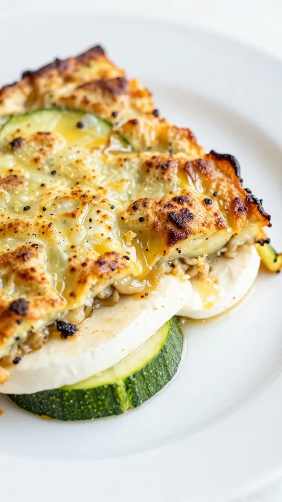 closeup slice of keto caprese zucchini bake on white plate