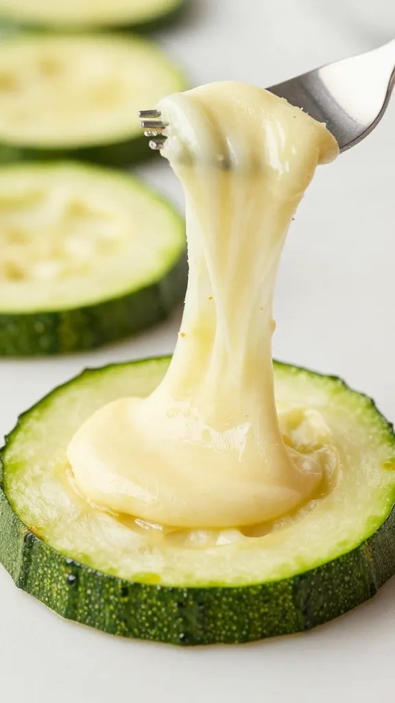 melted mozzarella strand on baked zucchini round, shallow depth