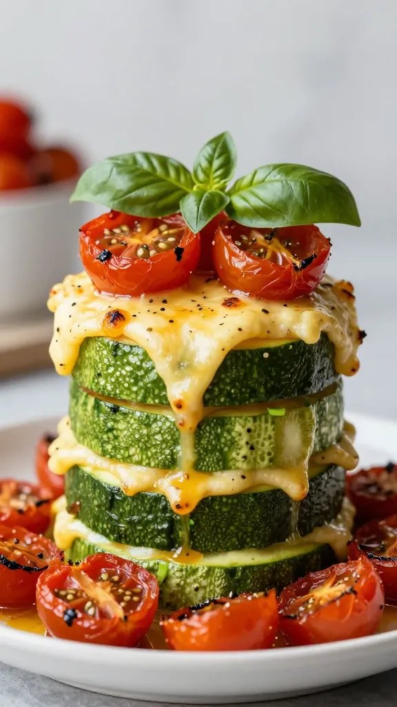 basil-garnished roasted cherry tomato atop cheesy zucchini stack