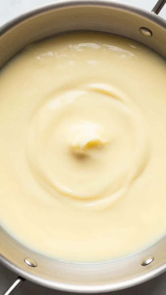lemon-caper butter sauce in stainless skillet, overhead closeup