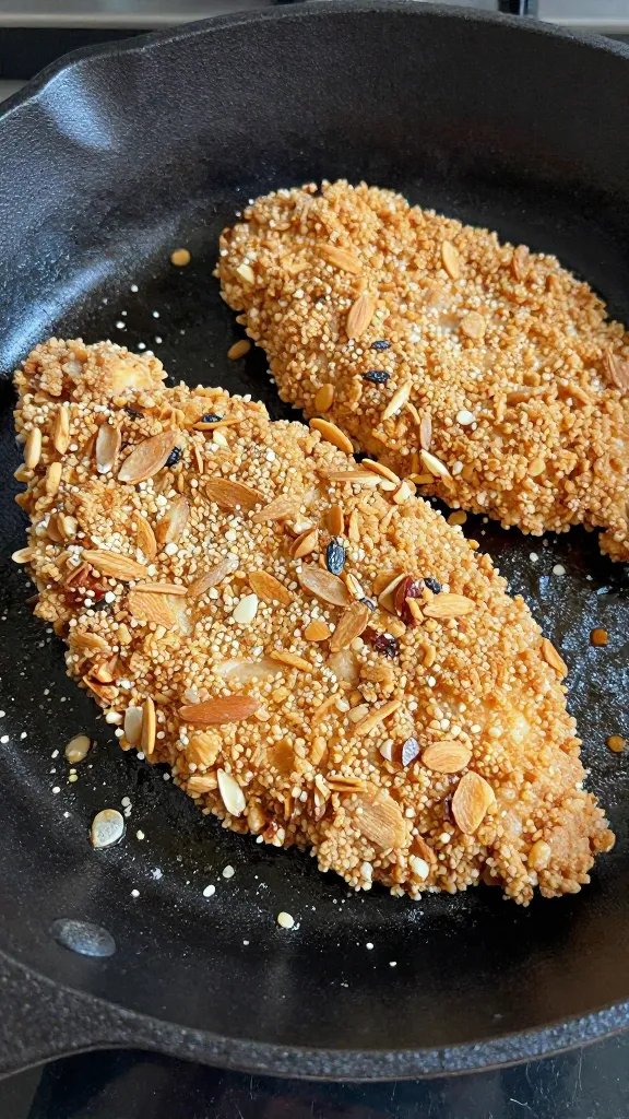 almond flour-dredged chicken cutlet searing in cast-iron skillet