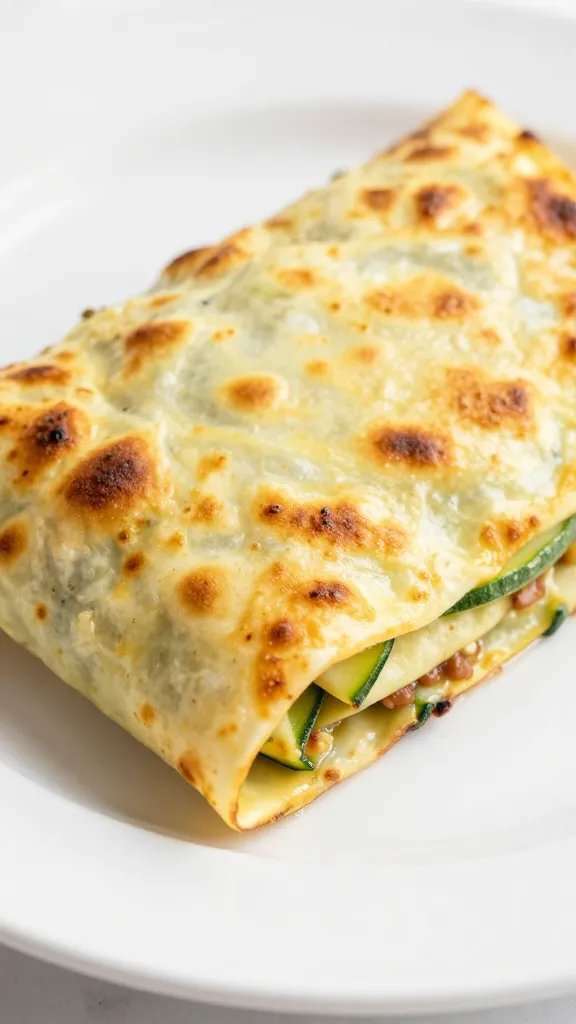 closeup keto zucchini lasagna roll-up on white plate