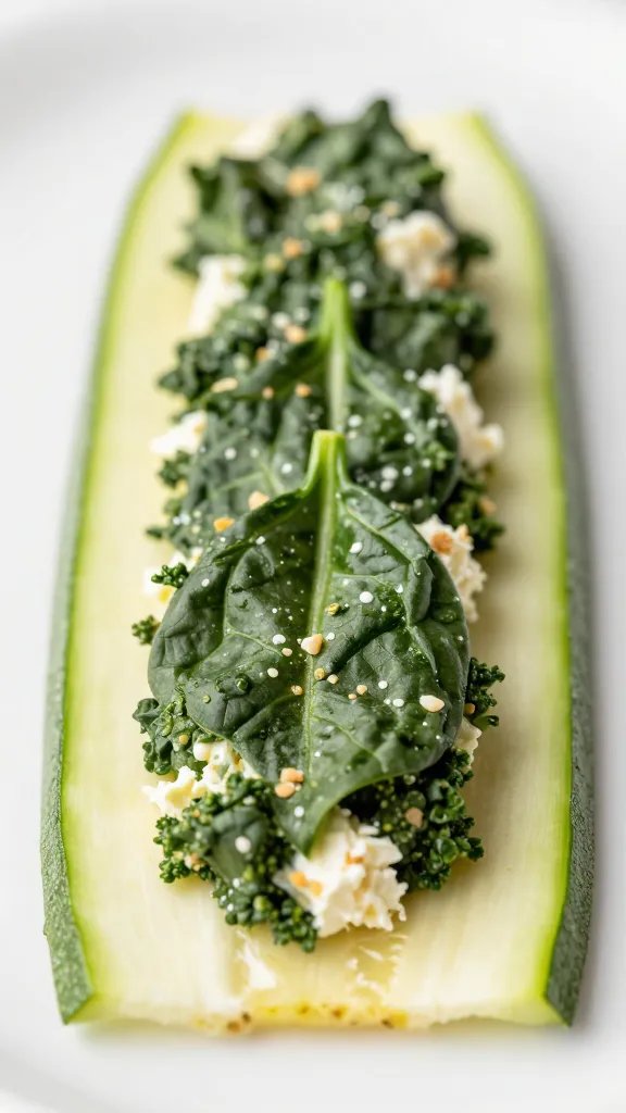 single spinach ricotta filling on zucchini sheet, macro