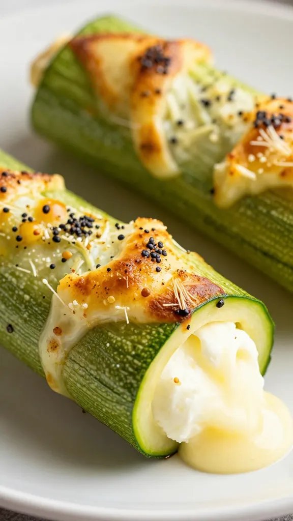 baked zucchini roll-up with melted mozzarella, shallow focus