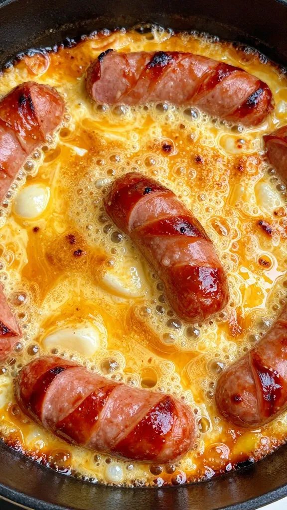 closeup of bubbling low-carb Italian sausage casserole in skillet