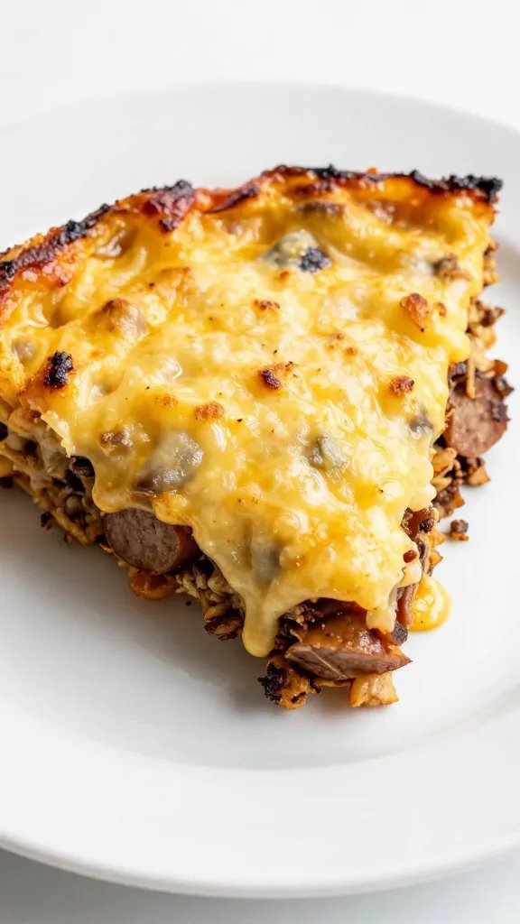 single slice of cheesy sausage casserole on white plate