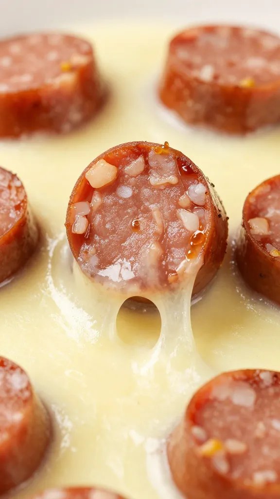 browned Italian sausage coin, melty mozzarella stretch, macro shot