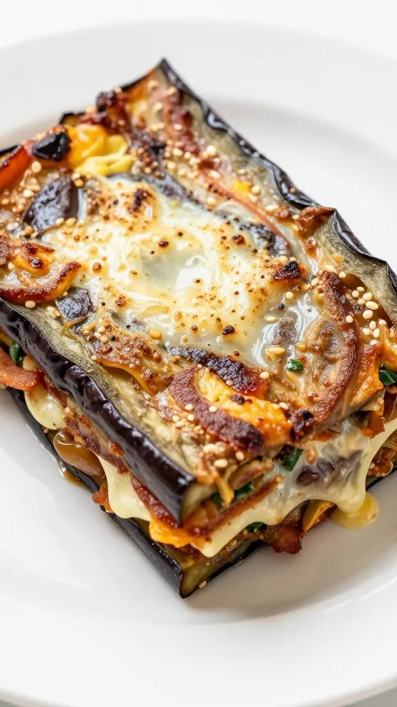 Closeup slice of keto eggplant parmesan on white plate