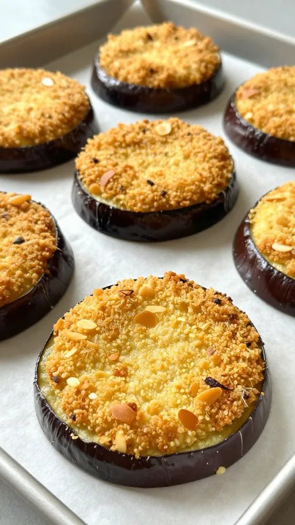 Golden-brown almond-flour breaded eggplant round on sheet pan