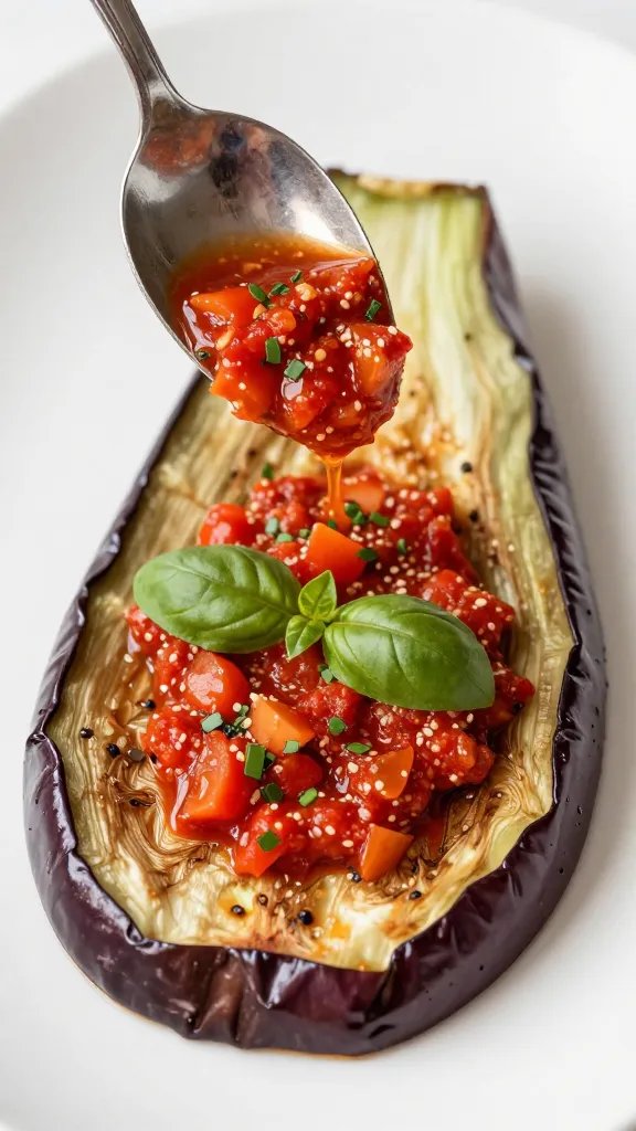 Spoon drizzling basil-forward marinara over baked eggplant slice