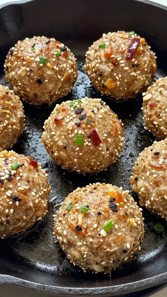 closeup of garlic parmesan meatball on cast-iron skillet