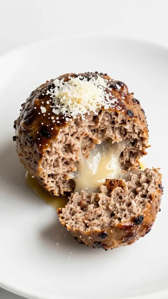 single keto meatball sliced open, parmesan melting, on white plate