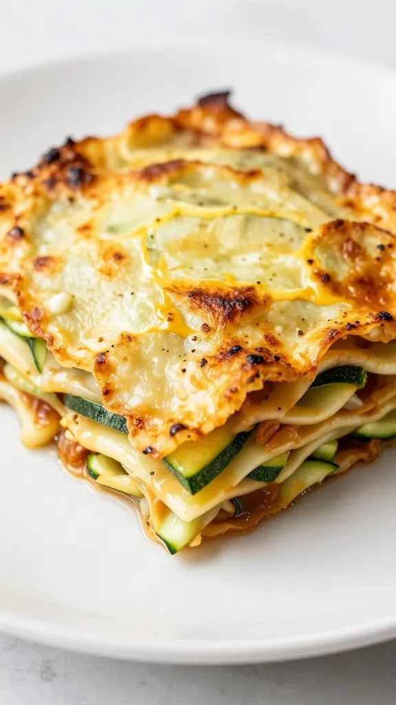 closeup slice of zucchini zoodle lasagna on white plate