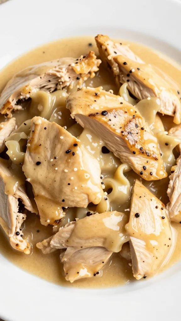 closeup of keto chicken marsala on white plate, silky sauce