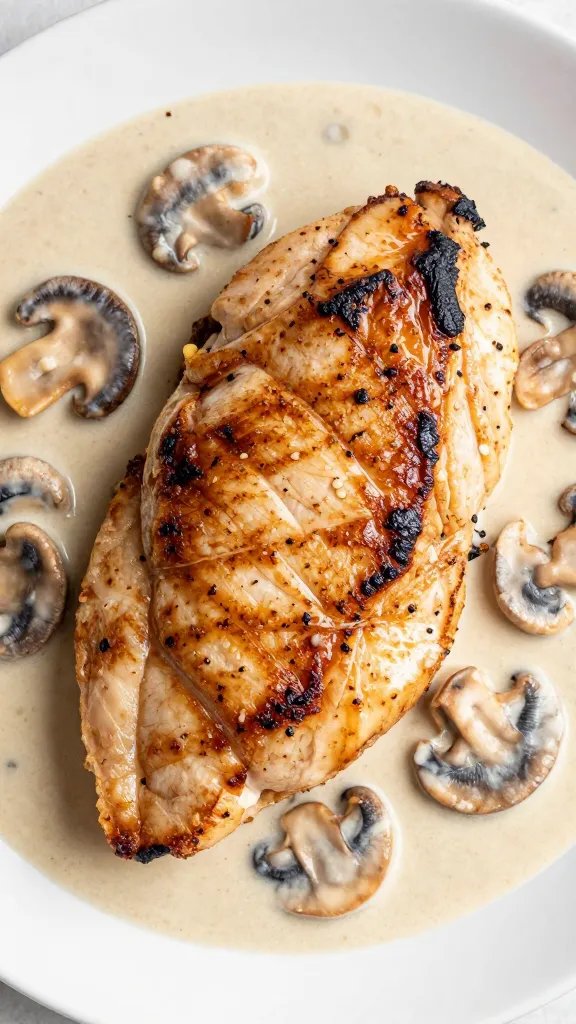 seared chicken cutlet with marsala mushroom cream, overhead closeup