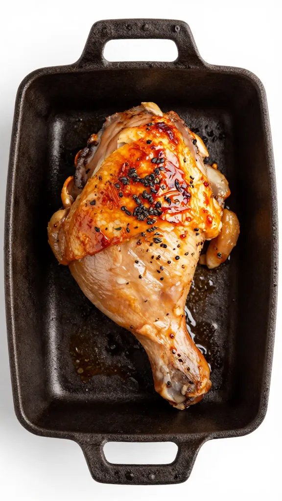 single cast-iron chicken thigh, blistered skin, Italian herbs