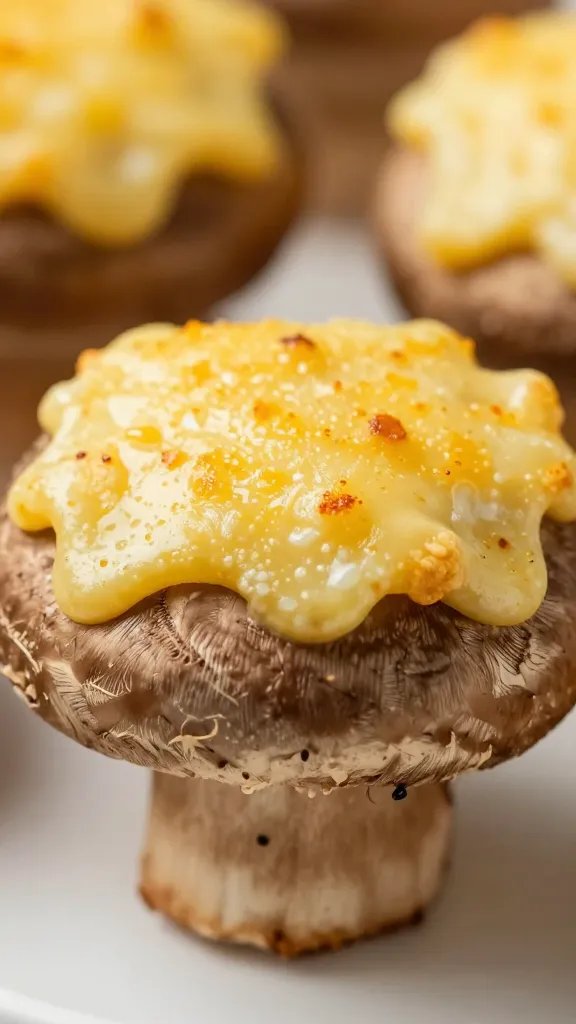 closeup stuffed portobello mushroom with golden cheesy top