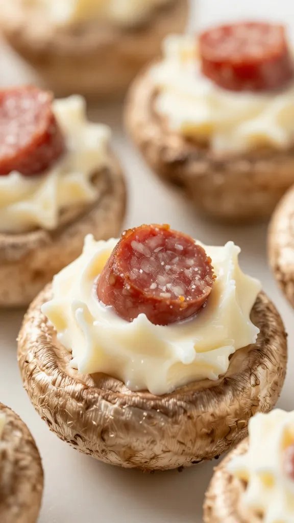 Italian sausage and cream cheese filling in mushroom cap, macro