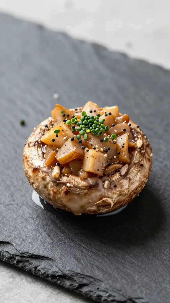 single keto stuffed mushroom on dark slate, herb garnish