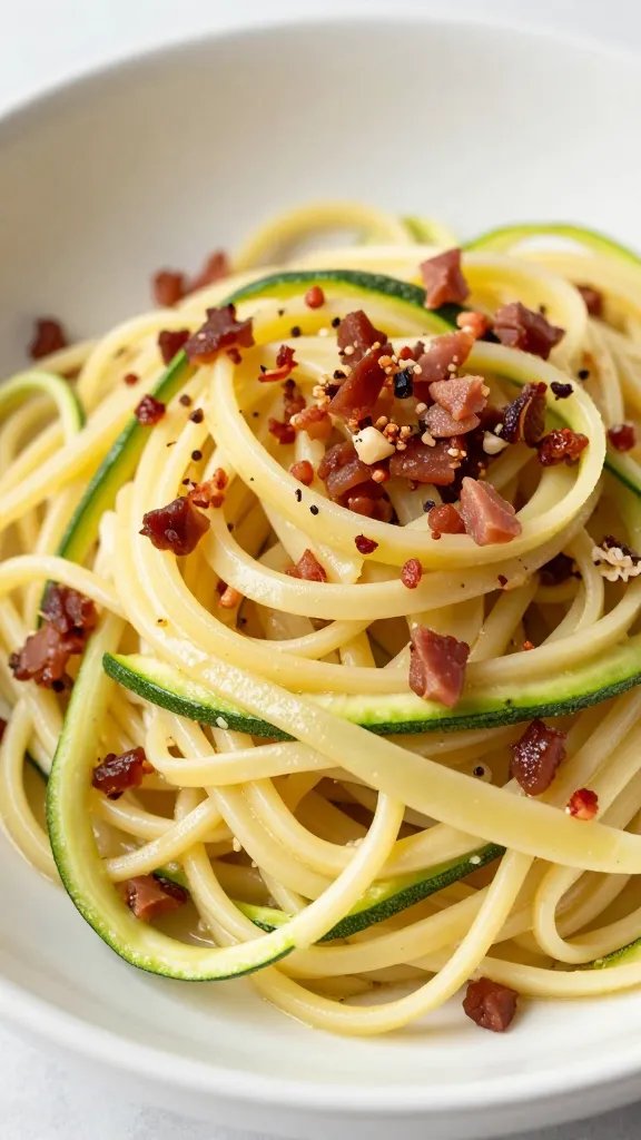 closeup bowl of zucchini noodle carbonara with pancetta