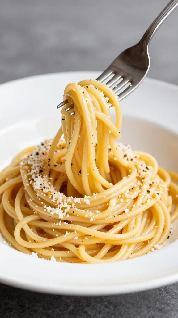 fork twirling glossy zoodle carbonara, pecorino dusting